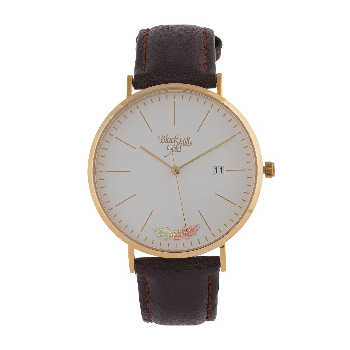Mt. Rushmore Black Hills Gold Men's Quartz Gold-Tone Stainless Steel Watch with White Dial & Brown Leather Strap