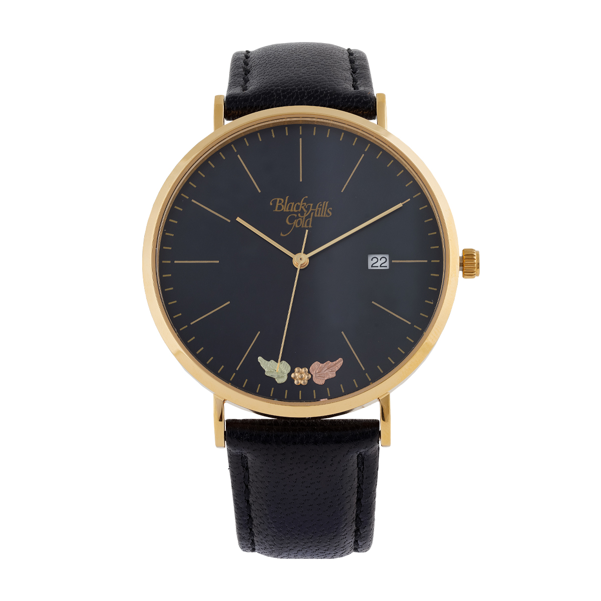 Mt. Rushmore Black Hills Gold Men's Quartz Gold-Tone Stainless Steel Watch with Black Dial & Leather Strap