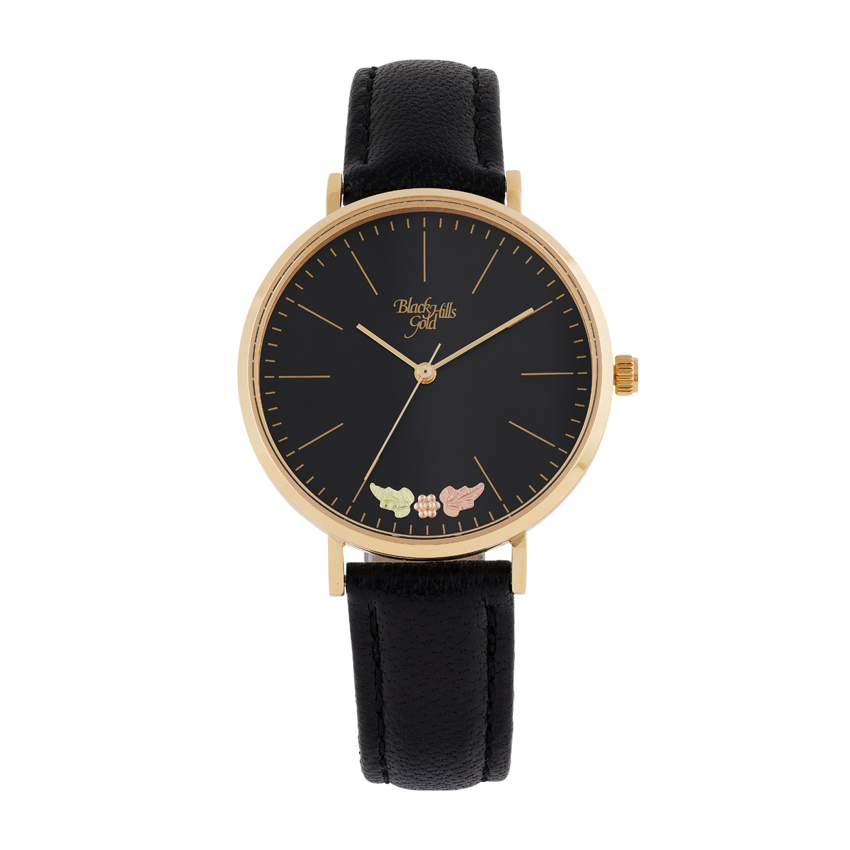 Mt. Rushmore Black Hills Gold Ladies' Quartz Gold-Tone Stainless Steel Watch with Black Dial & Leather Strap