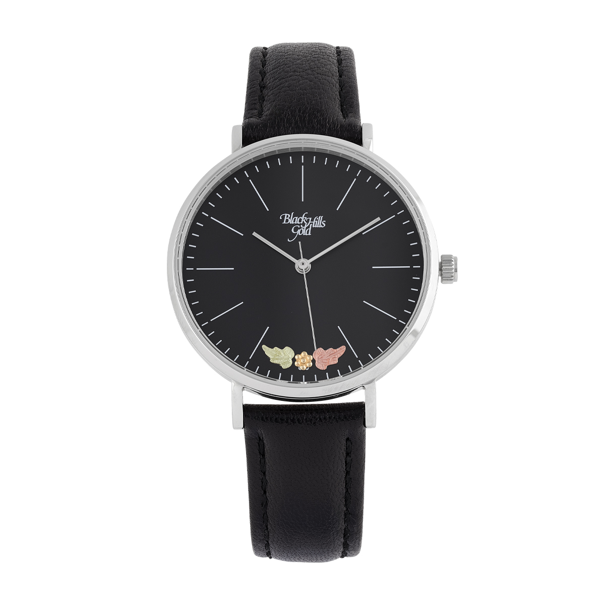 Black Hills Gold Ladies' Quarts Stainless Steel Watch with Black Dial & Leather Strap
