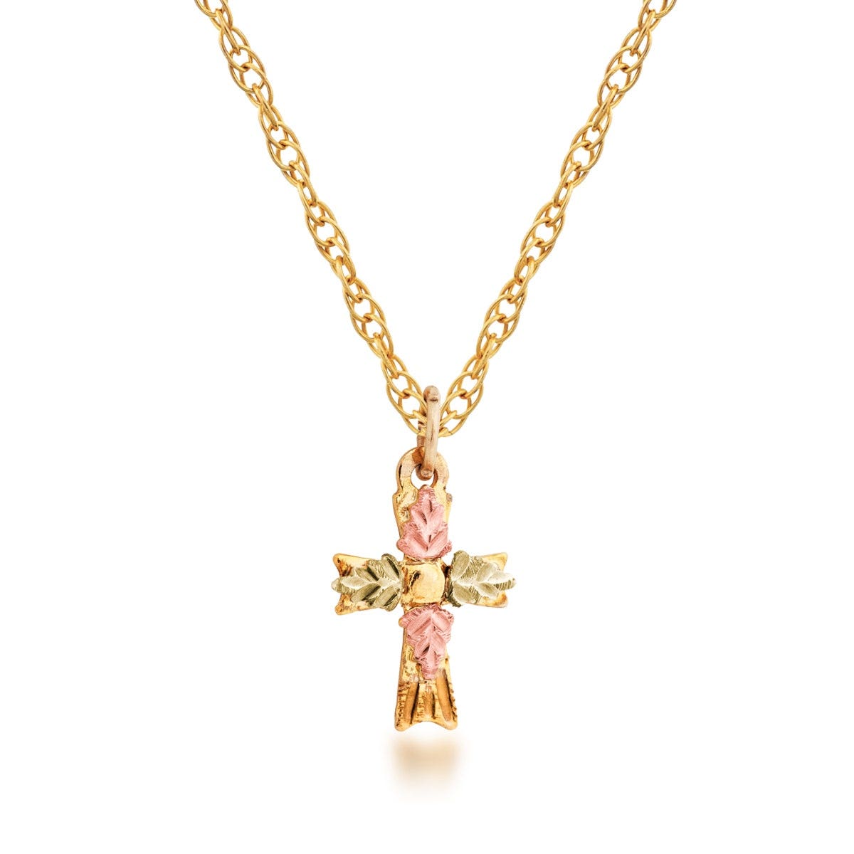 10K yellow gold Black Hills Gold small cross pendant with leaf accents