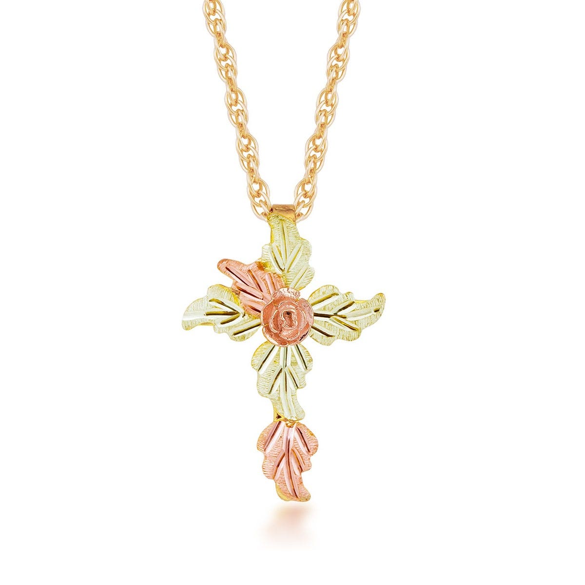 10K yellow gold Black Hills Gold leaf cross pendant with rose center