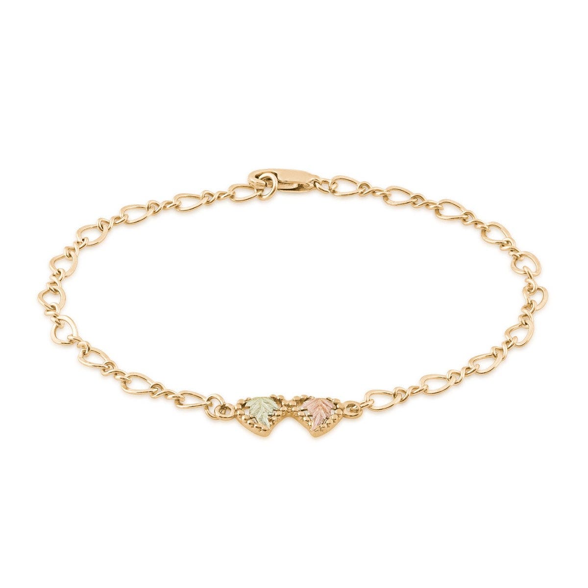 Mt. Rushmore Black Hills Gold 7.5" Leaf Double Heart Bracelet in 10K Yellow Gold