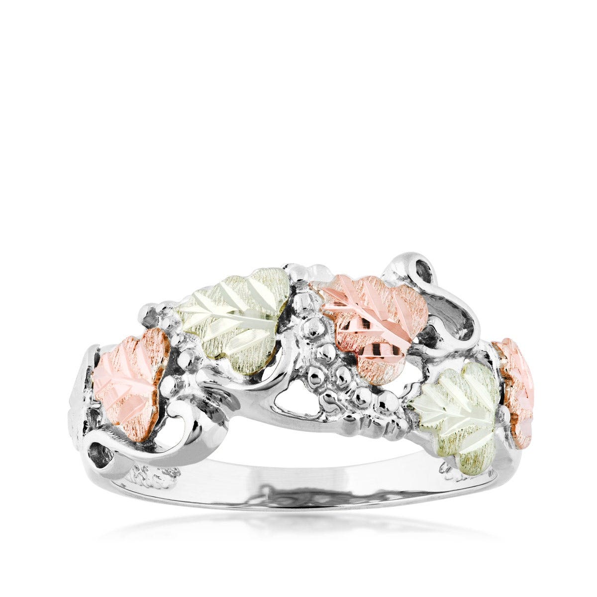 Mt. Rushmore Black Hills Gold Pink & Green Leaf Grapevine Ring in Sterling Silver