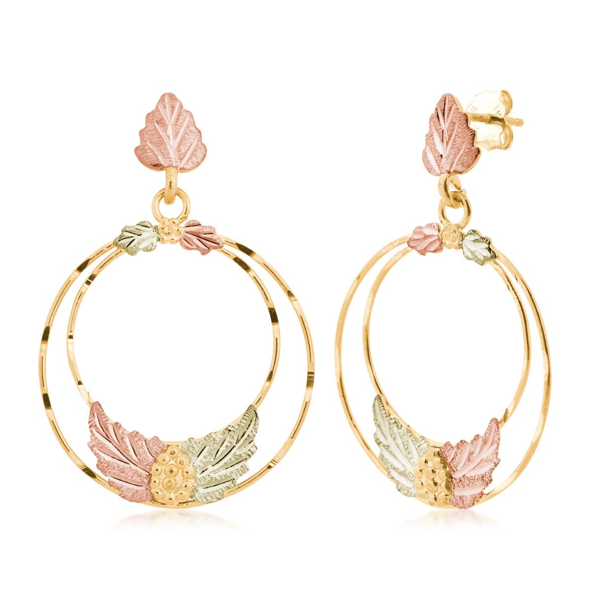 10K yellow gold Black Hills Gold large dangle double circle earrings