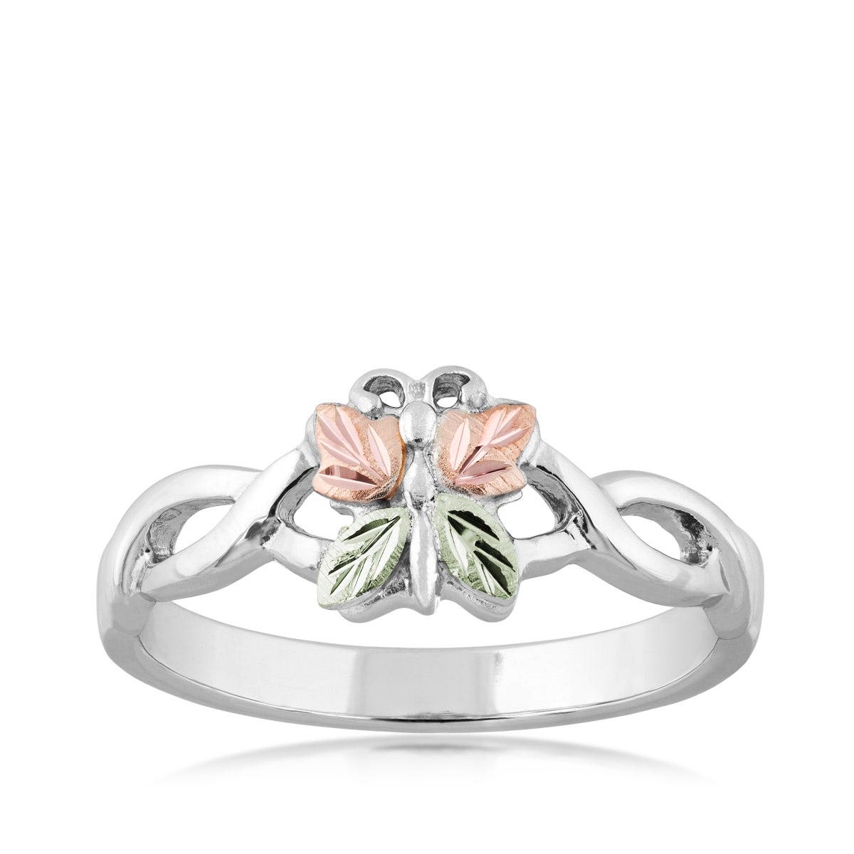 sterling silver twist shank butterfly ring with pink and green gold leaf wings