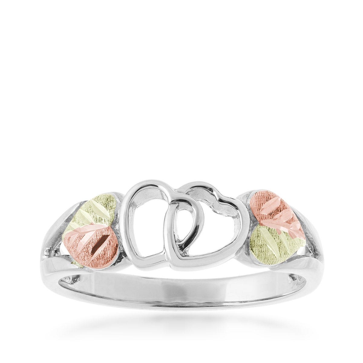 sterling silver linked double open heart ring with pink and green gold hearts
