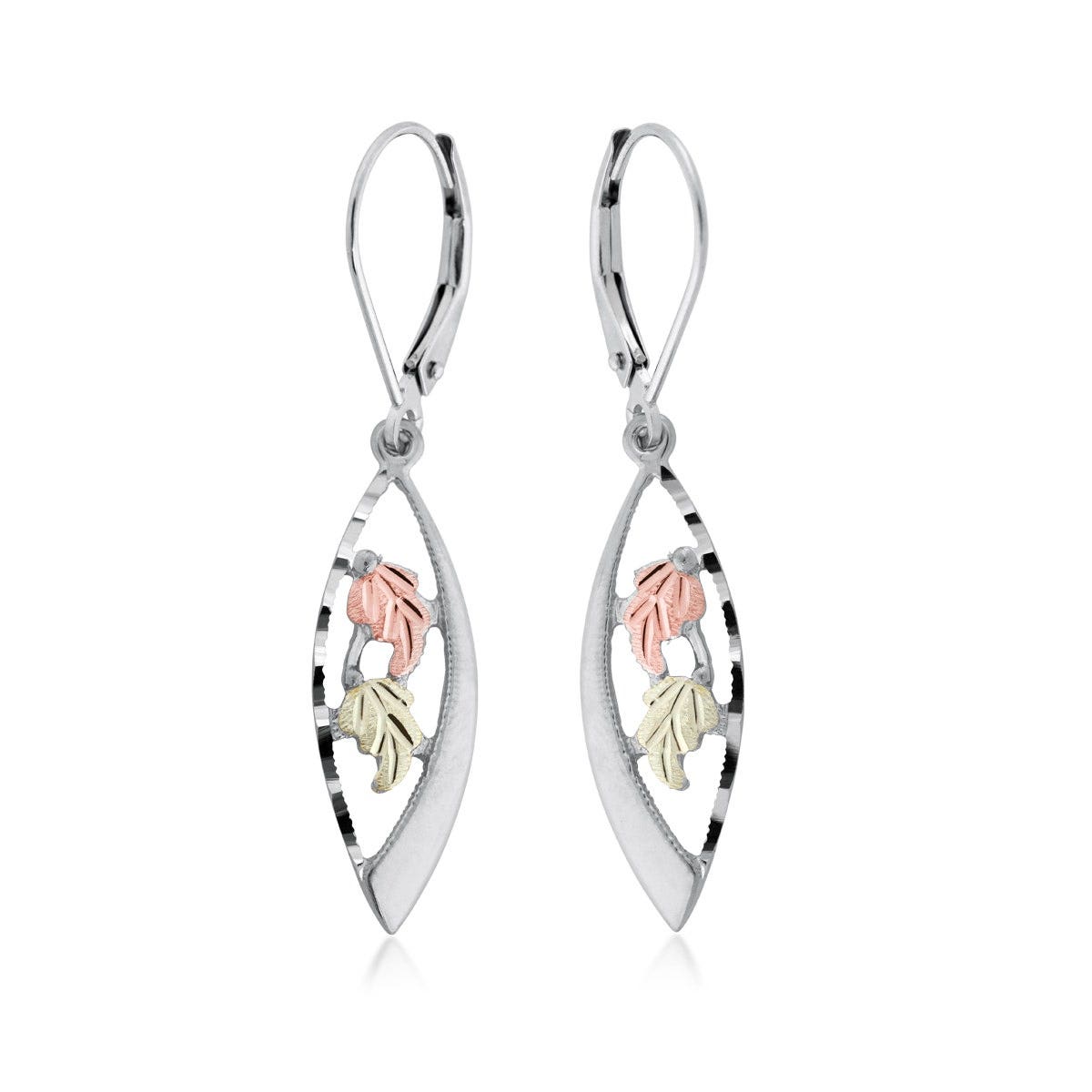 sterling silver Black Hills Gold diamond cut leaf marquise dangle earrings