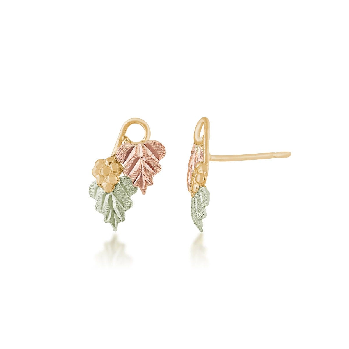 yellow gold grapevine stud earrings with pink and green gold leaves