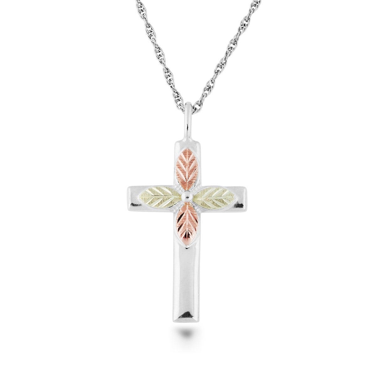 sterling silver cross pendant with centered pink and green gold leaves