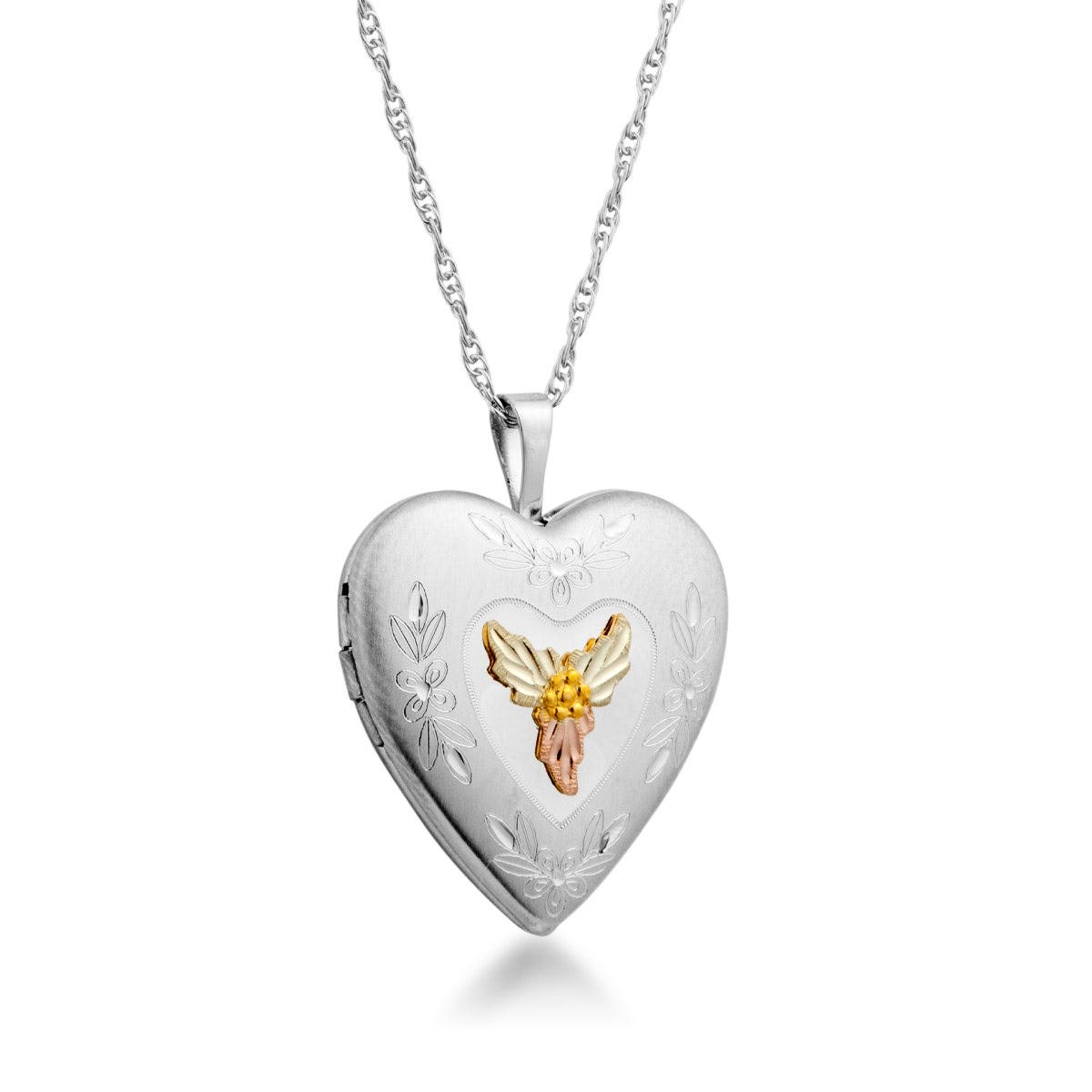 Stainless steel Black Hills Gold small flower leaf heart locket with flower etching