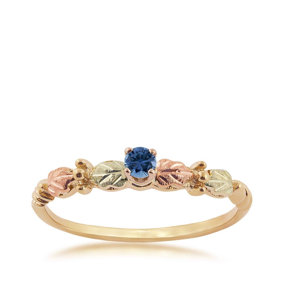 Black Hills Gold Round Yogo Sapphire & Leaf Ring in 10K Yellow Gold