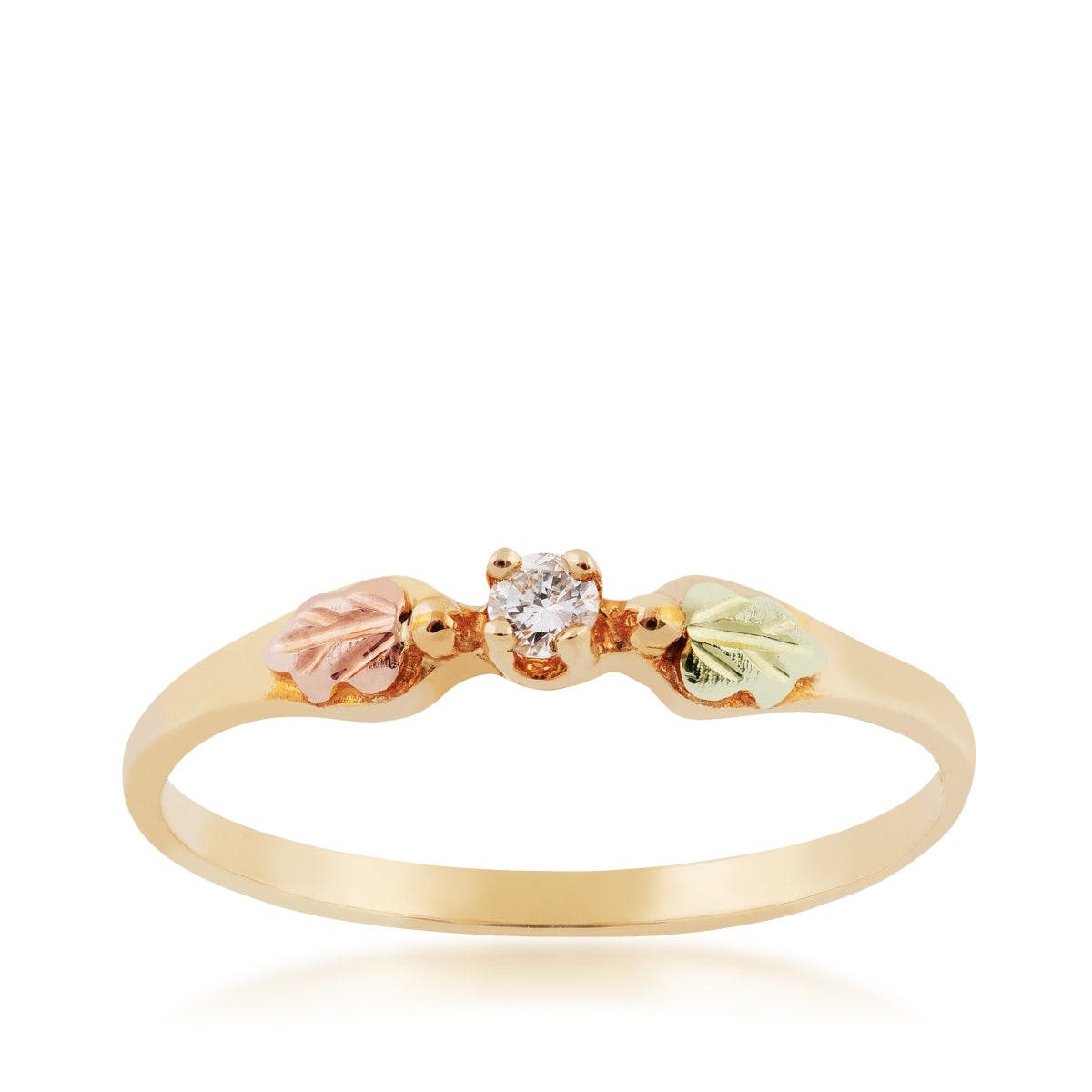Round diamond promise ring in yellow gold with pink and green gold leaves