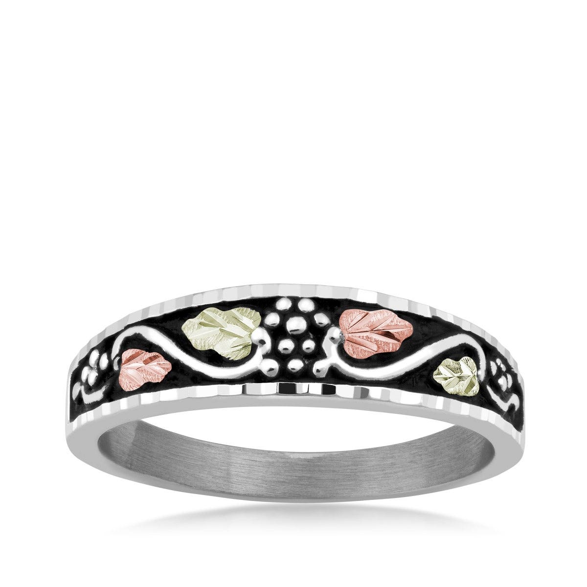 Sterling silver Black Hills Gold antiqued grapevine and leaf men's ring