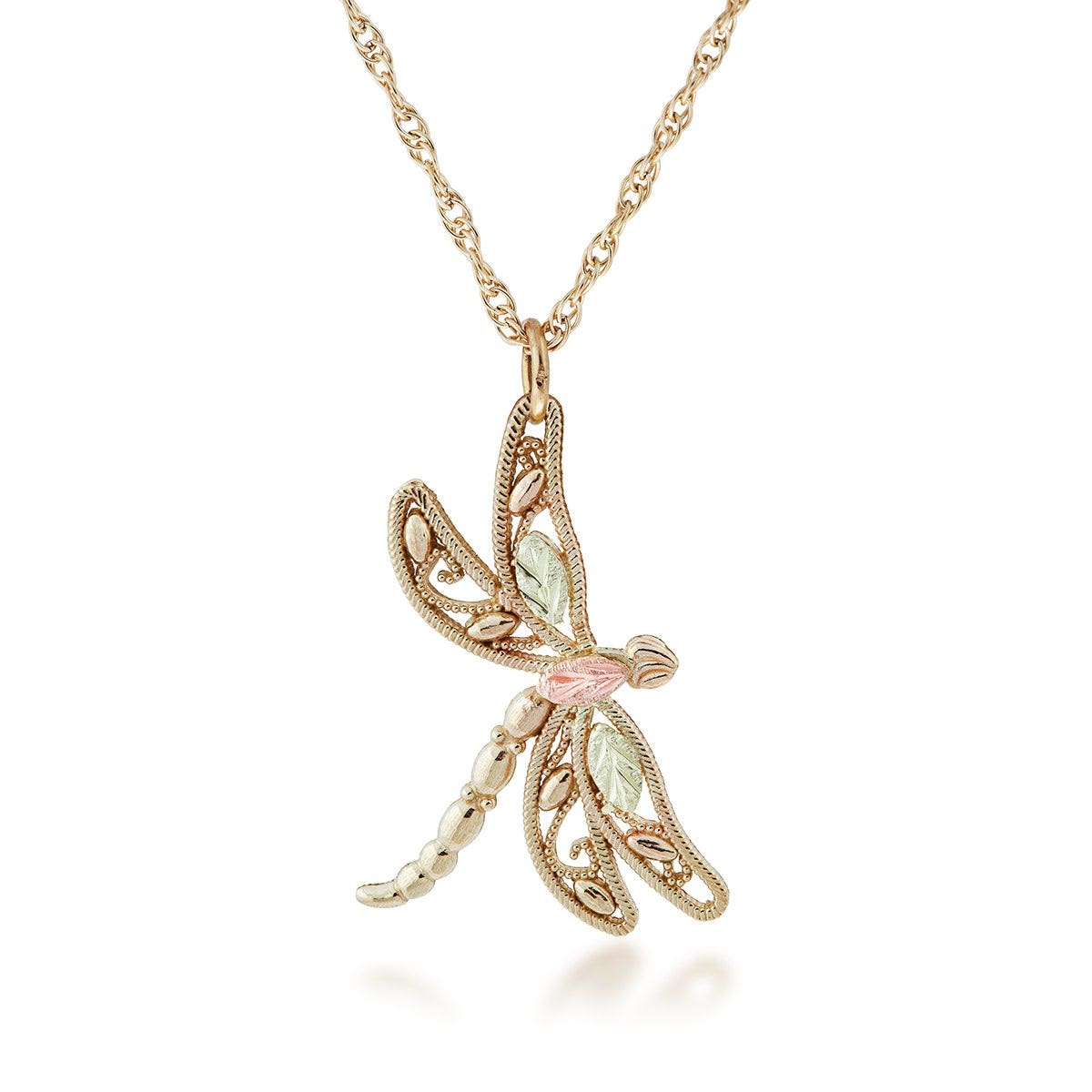 milgrain open work dragonfly pendant in yellow gold with pink and green gold leaves