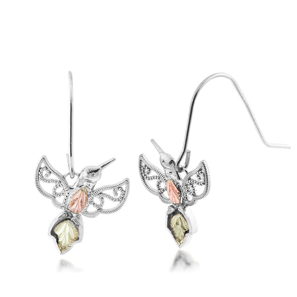 sterling silver milgrain hummingbird dangle earrings with pink and green gold leaf body and tail