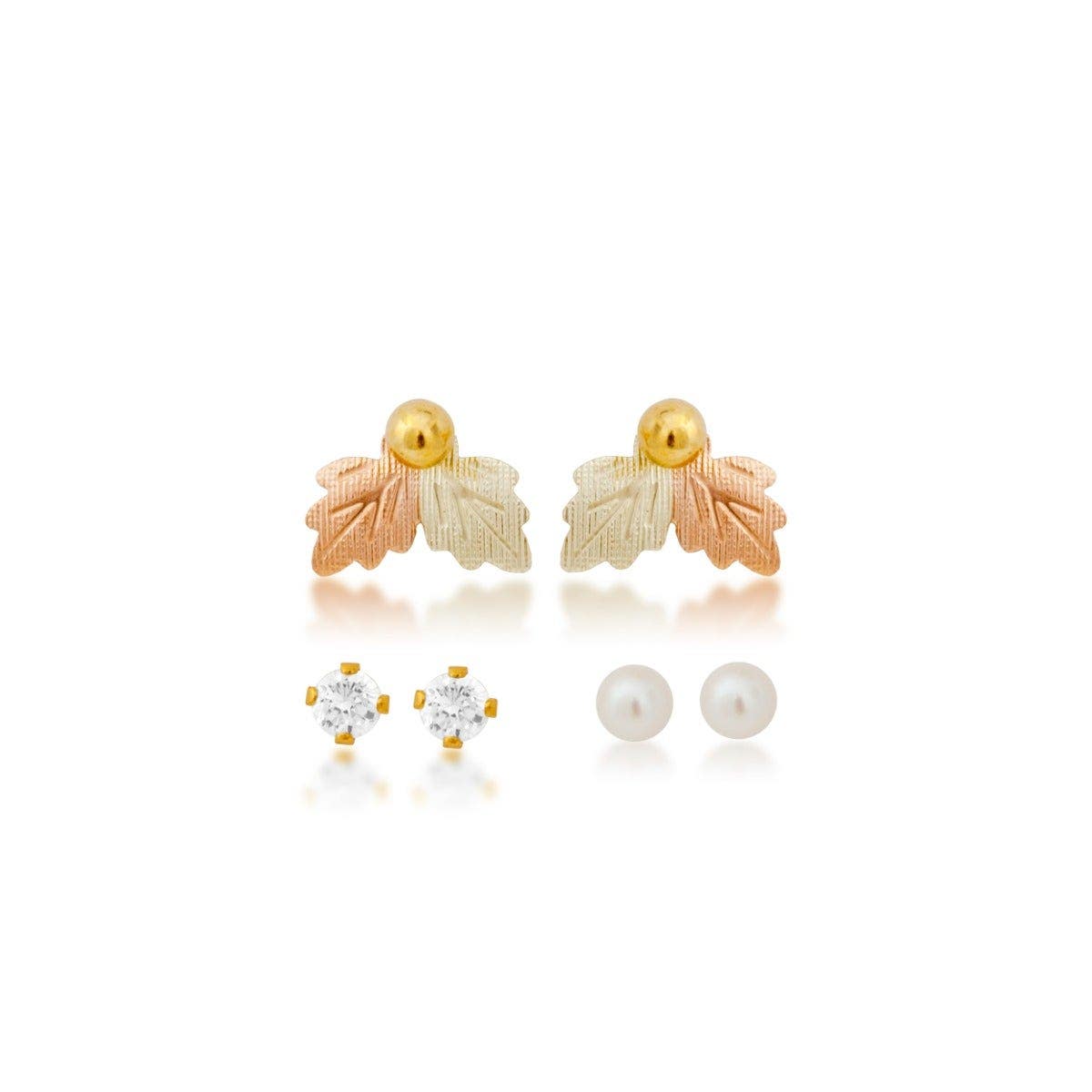 Mt. Rushmore Black Hills Gold Cultured Freshwater Pearl, Cubic Zirconia, & Yellow Gold Filled Ball Studs with Leaf Earring Jackets