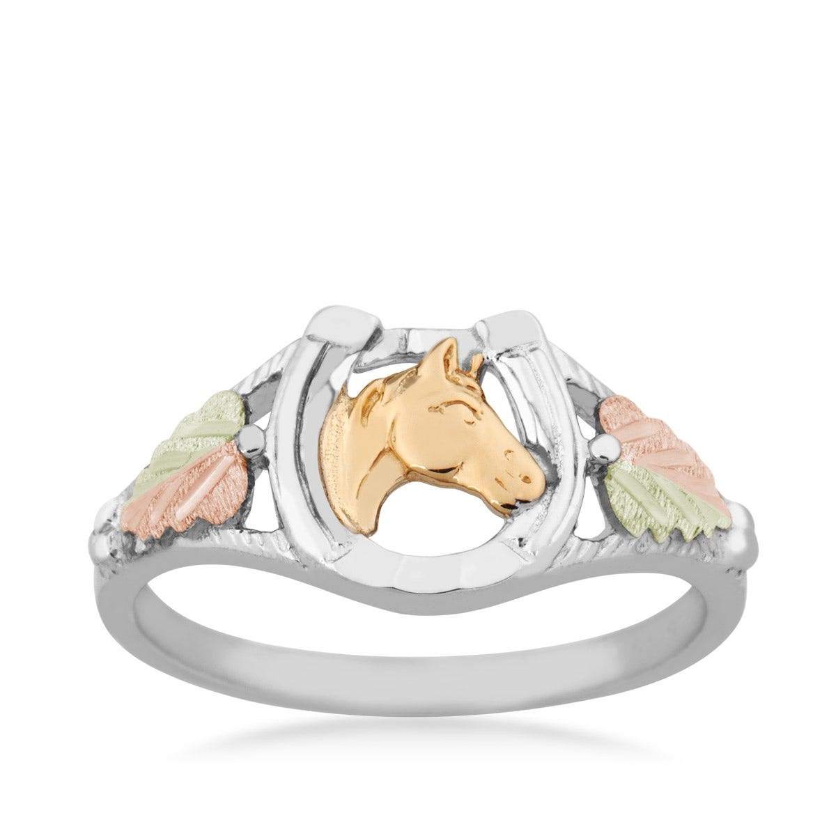 Sterling silver open work horseshoe ring with center gold horse head and pink and green gold leaves