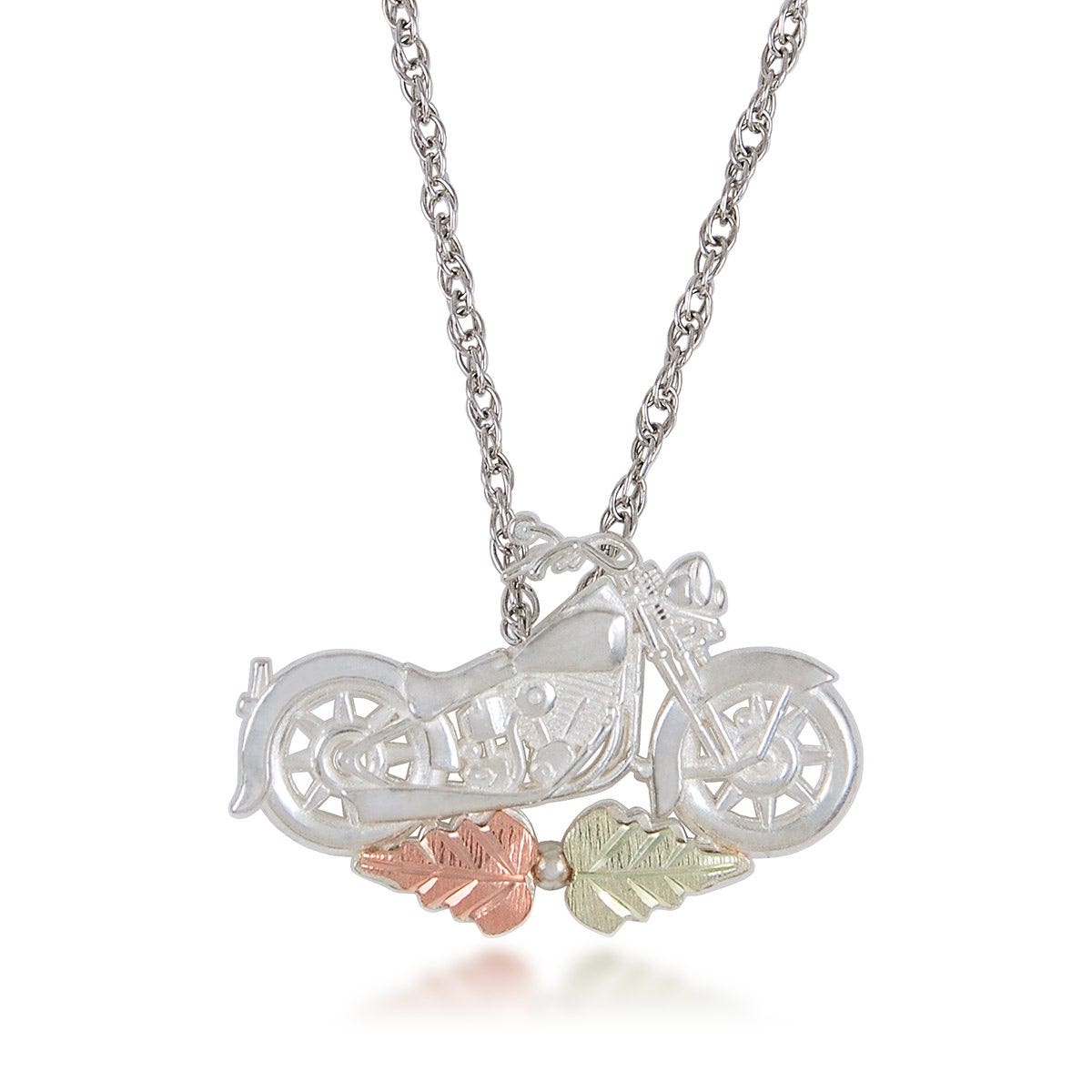 sterling silver motorcycle pendant with pink and green gold leaves