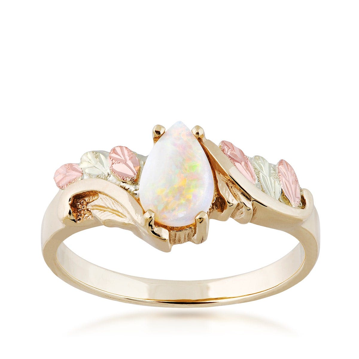pear shaped opal ring in yellow gold with pink and green gold leaves