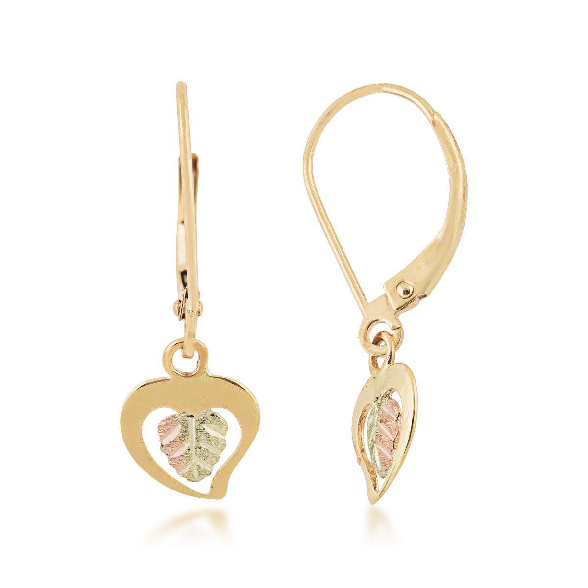 Yellow gold open heart dangle earrings with two-tone pink and green gold leaf
