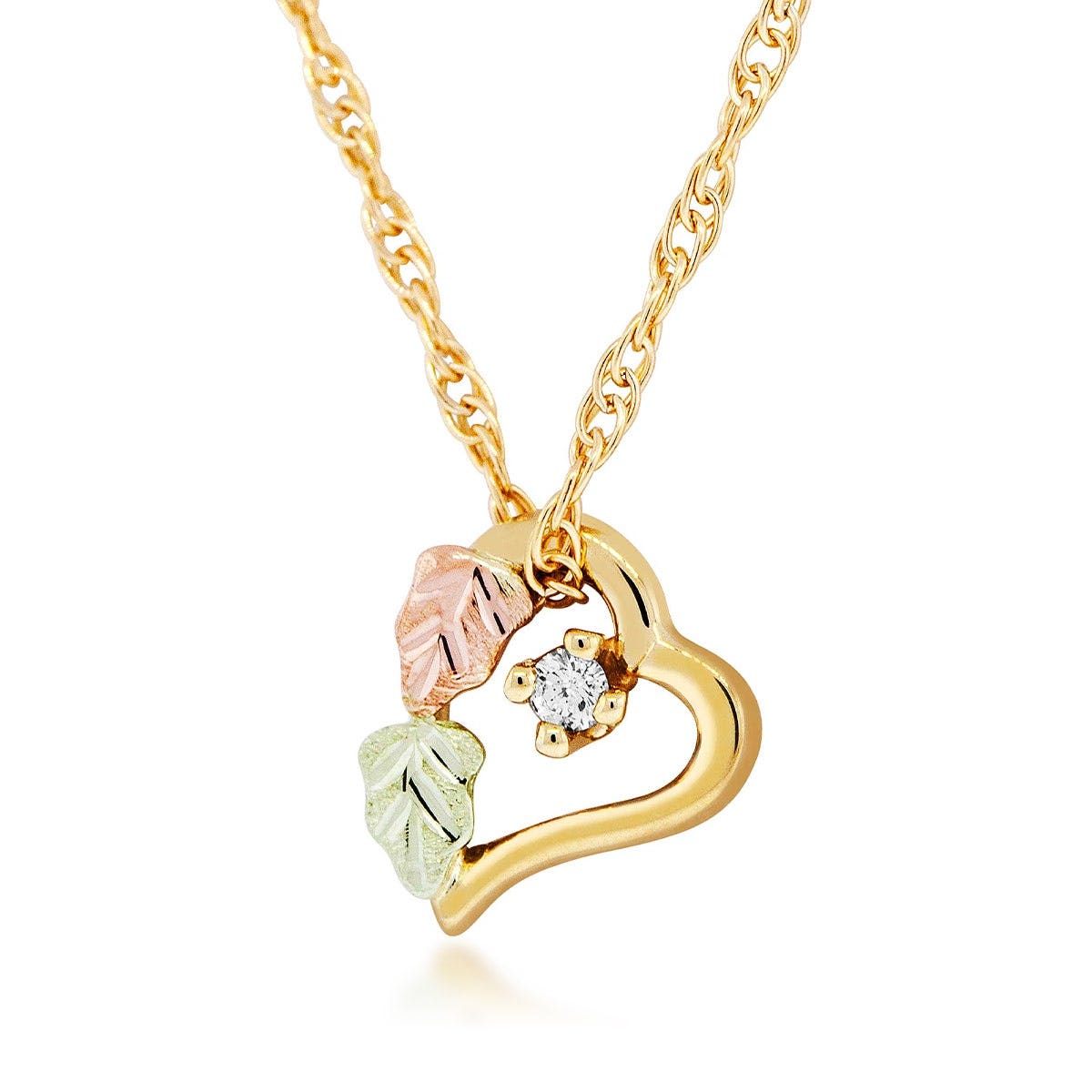 Mt. Rushmore Black Hills Gold Diamond Accent Double Leaf Heart Pendant in 10K Yellow Gold