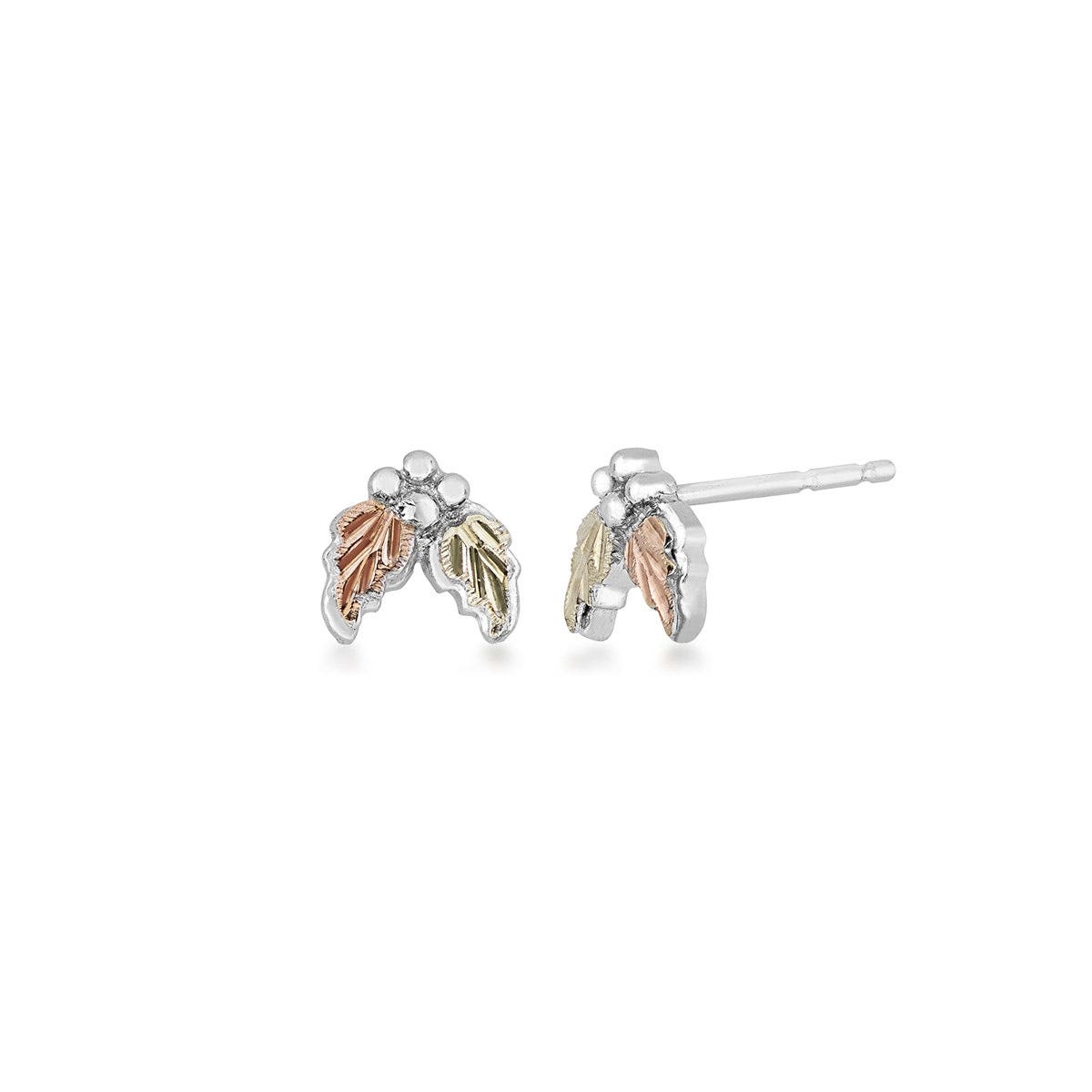 sterling silver grape and leaf stud earrings with pink and green gold leaves
