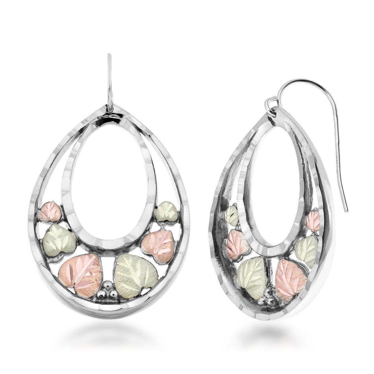 sterling silver open dangle earrings with diamond cut edges and pink and green gold heart leaves