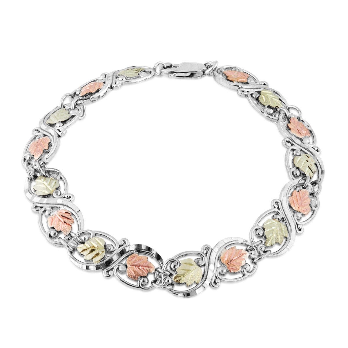 sterling silver Black Hills Gold diamond cut leaf link bracelet