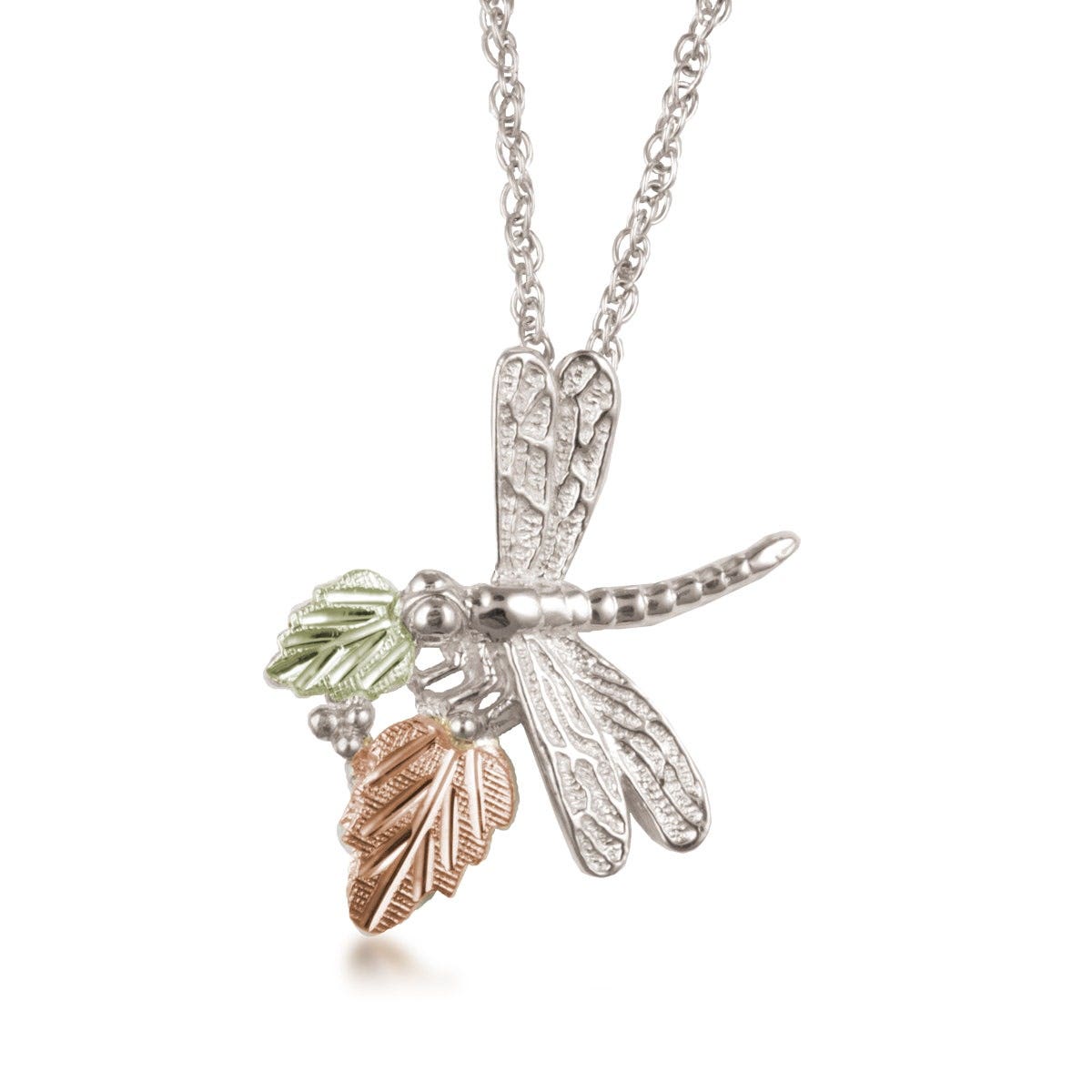 Sterling silver dragonfly pendant with pink and green gold leaves