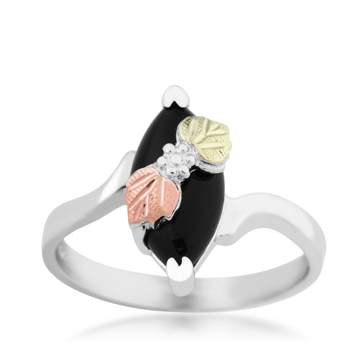 Marquise onyx ring in sterling silver with pink and green gold leaf overlay
