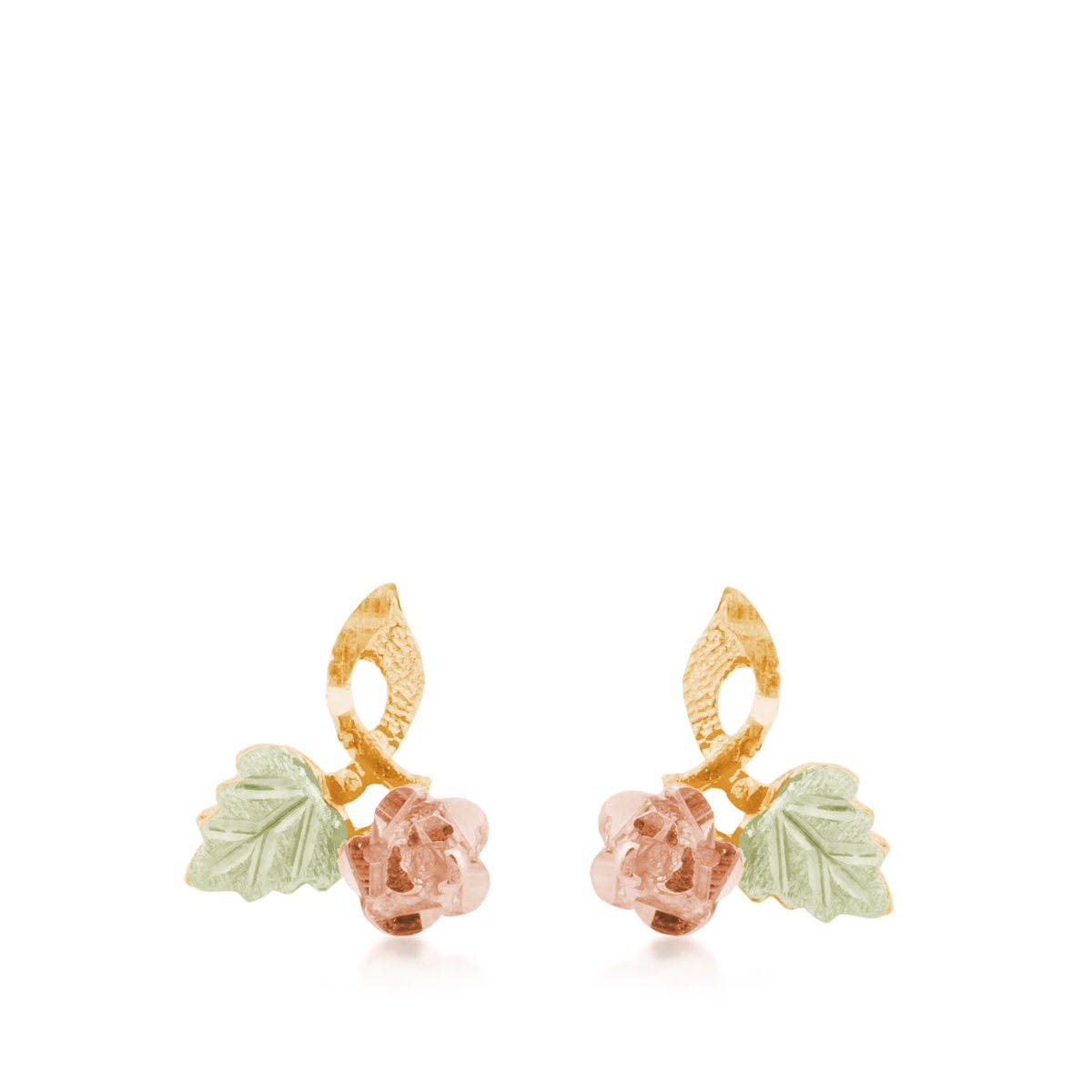 Mt. Rushmore Black Hills Gold Hanging Rose & Green Leaf Earrings in 10K Yellow Gold