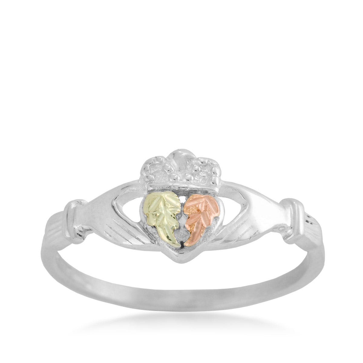 Sterling silver Black Hills Gold pink and green leaf claddagh ring