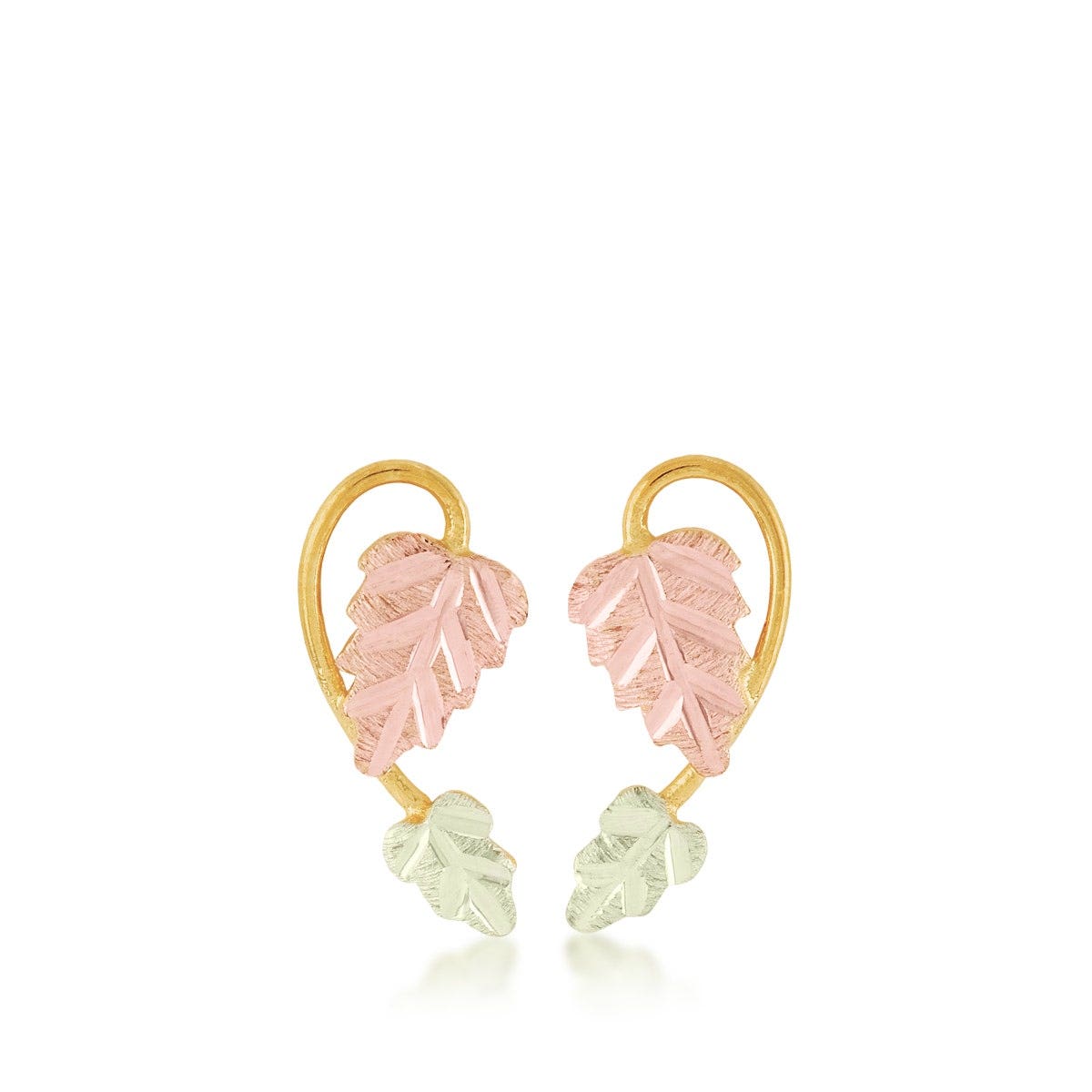 Mt. Rushmore Black Hills Gold Pink & Green Leaf Vine Earrings in 10K Yellow Gold