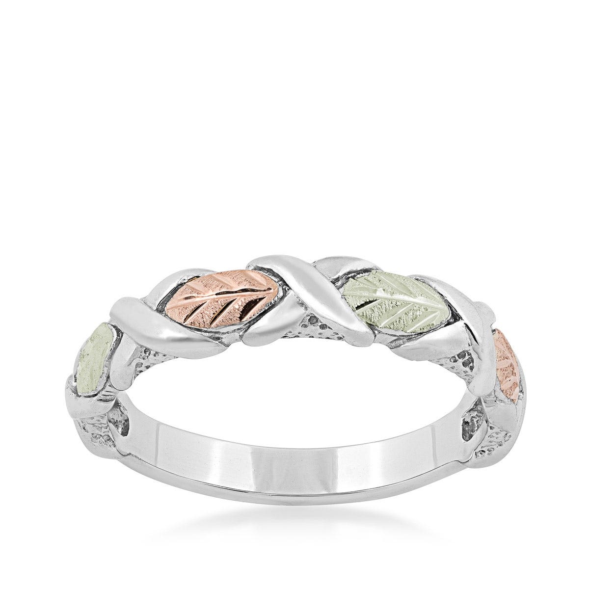 sterling silver woven design wedding band with pink and green gold leaves
