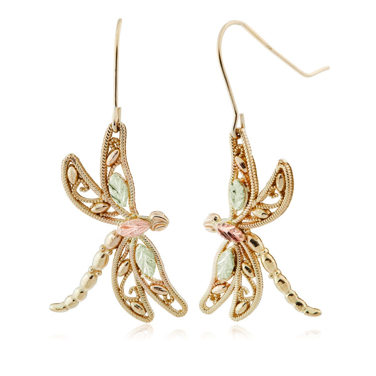 Milgrain open work dragonfly dangle earrings in yellow gold with pink and green gold leaves