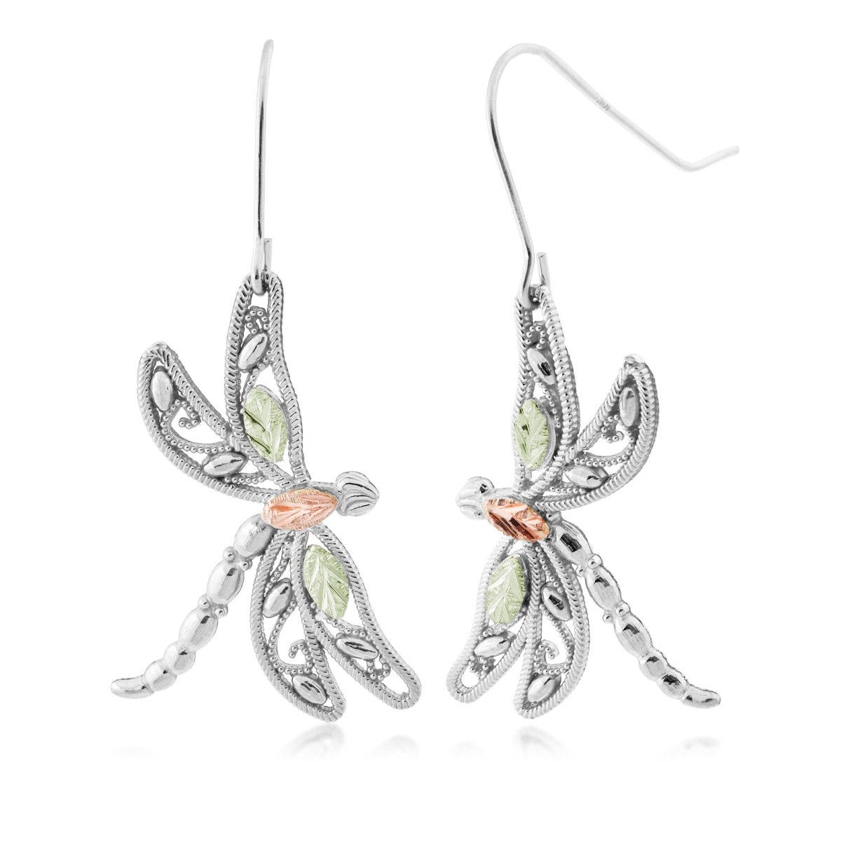 sterling silver milgrain dragonfly dangle earrings with pink and green gold leaves