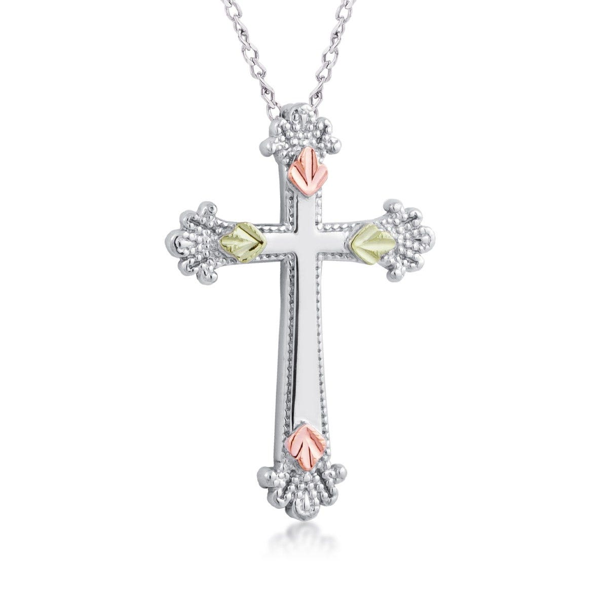sterling silver Black Hills Gold milgrain leaf and heart cross pendant