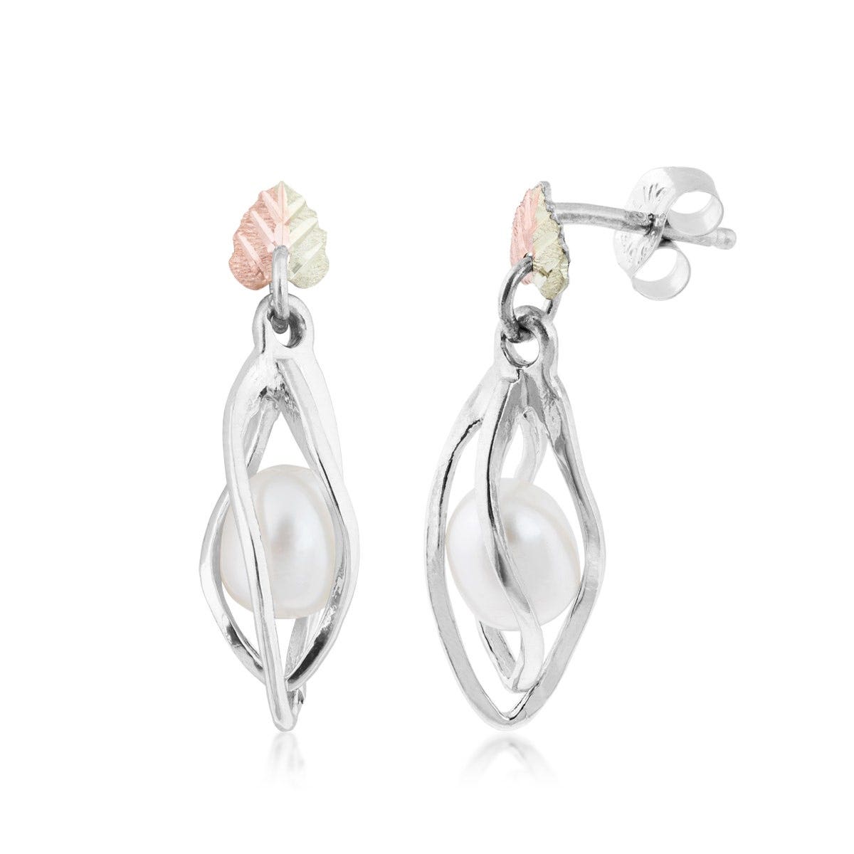 sterling silver Black Hills Gold cultured rice pearl dangle earrings