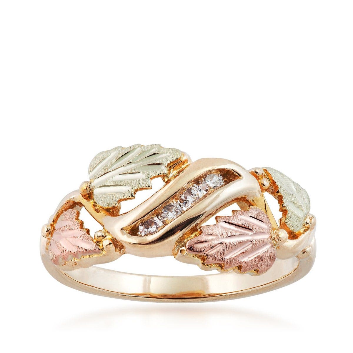 10K yellow gold Black Hills Gold 1/8 ct. tw. diamond channel set grapevine & leaf ring