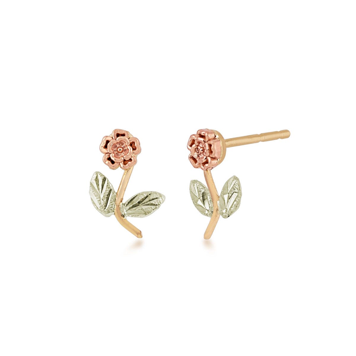 Yellow gold rose earrings with pink rose and green leaves