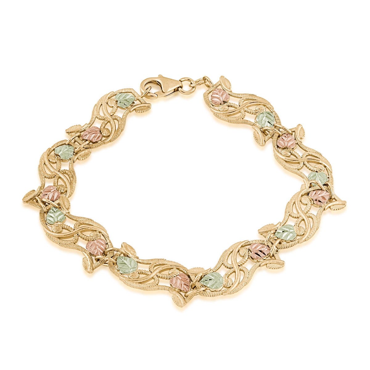 Mt. Rushmore Black Hills Gold 7" Rope Texture & Leaf Link Bracelet in 10K Yellow Gold