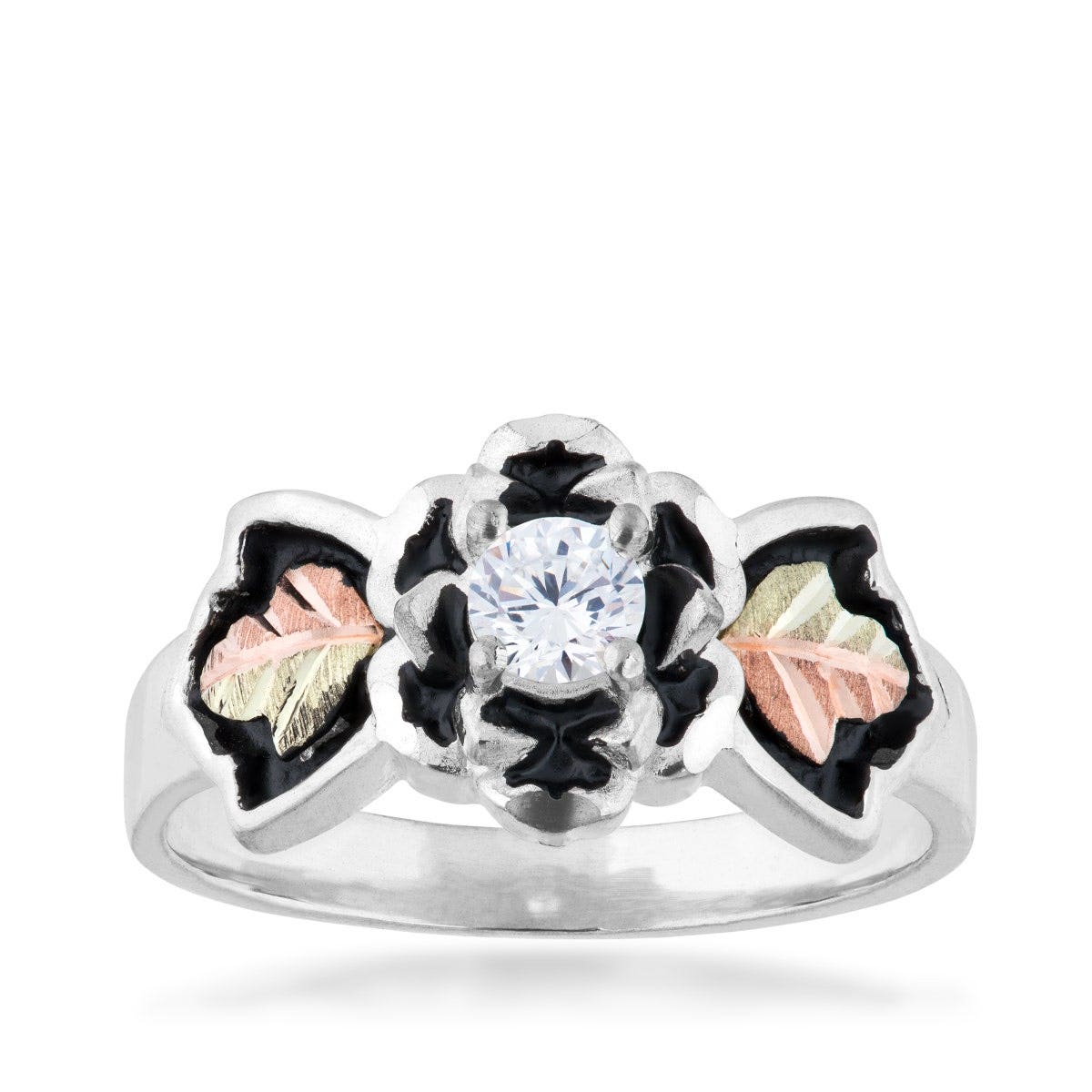 Round cubic zirconia antiqued sterling silver ring with flower and green and pink gold leaves
