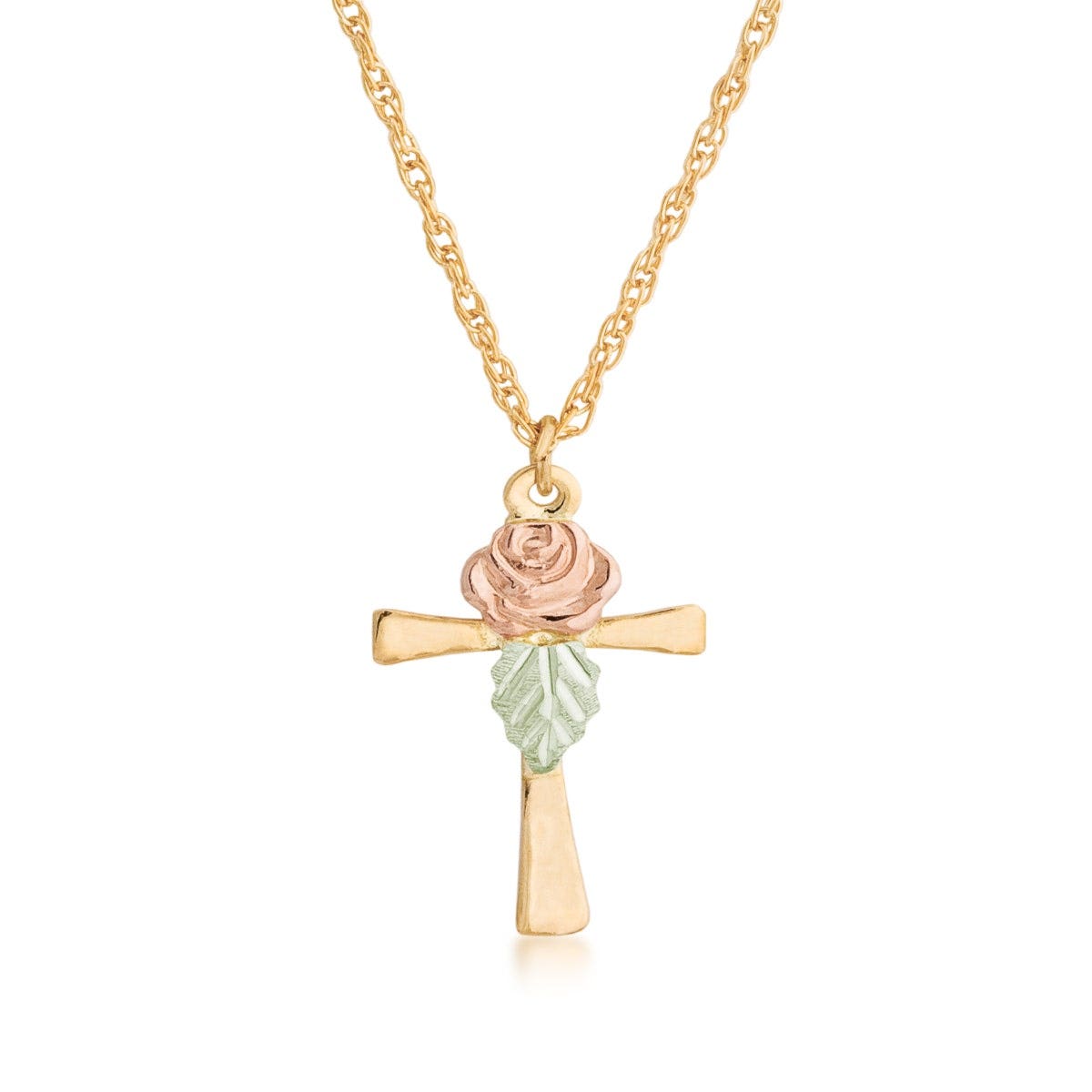 10K yellow gold Black Hills Gold rose and green leaf cross pendant
