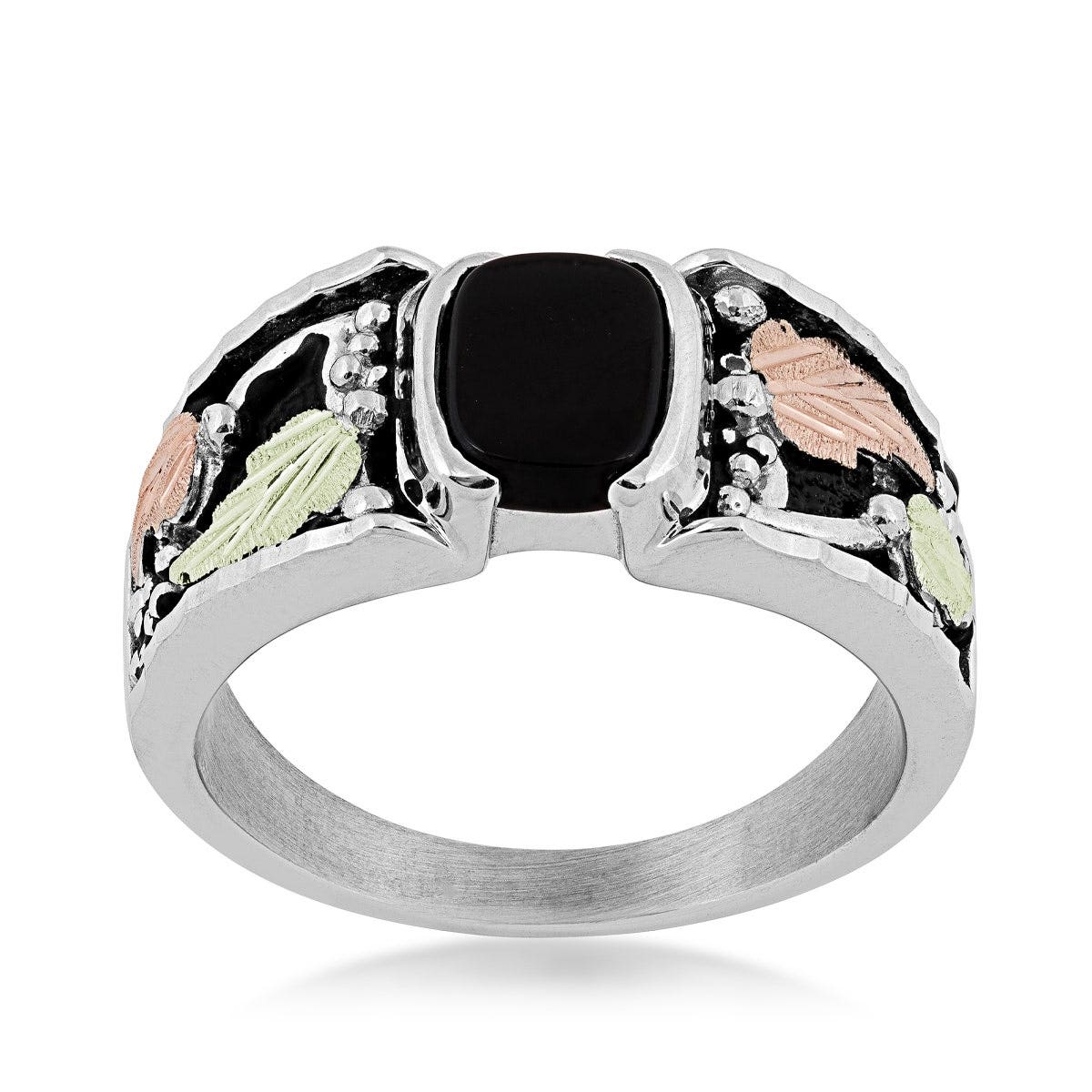 sterling silver rectangle onyx ring with black antiqued finish and pink and green gold leaves