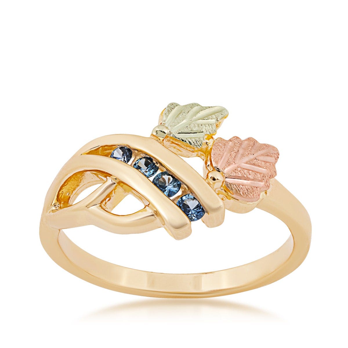 Black Hills Gold four stone Yogo Sapphire channel set ring in 10K yellow gold