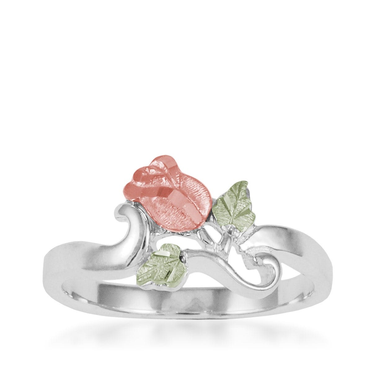sterling silver ring with pink gold rose and green gold leaves